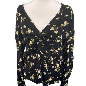 Anthropologie Sophie Rue Black and Floral V-Neck Blouse Sz XL EUC, Romantic